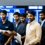 An image showcasing a diverse group of people in an Indian passport office, eagerly looking at a large electronic display board with real-time updates on passport applications, symbolizing the efficiency and transparency of Passport India Track and Trace system