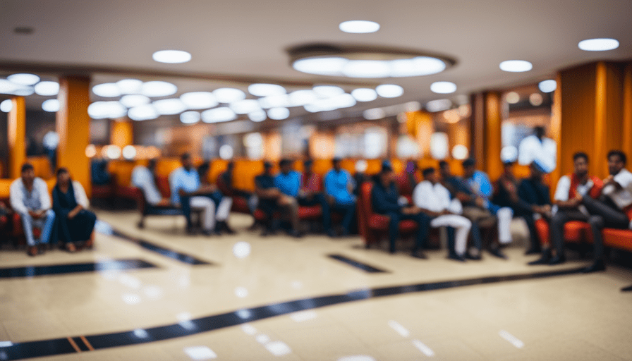 An image capturing the bustling Mysore Passport Office's waiting area, with individuals patiently seated, clutching their documents, while officials efficiently attend to their needs at various counters