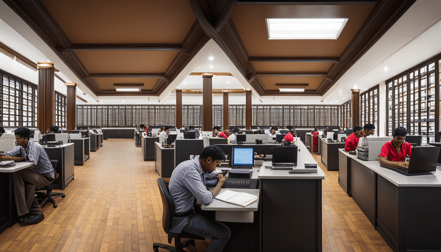 An image capturing the bustling Mysore Passport Office: show individuals filling out application forms, clerks verifying documents, and a separate counter for renewals