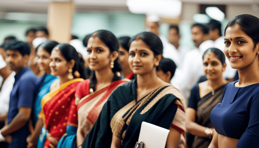 An image that captures the bustling atmosphere of the Mysore Passport Office, showcasing a diverse crowd of individuals queuing up in an organized manner, with clearly marked counters for different services and staff efficiently assisting applicants