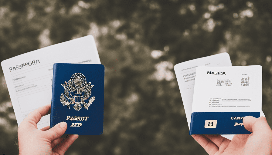 An image depicting a person holding a passport, surrounded by a checklist of required documents such as birth certificate, visa application, and proof of address