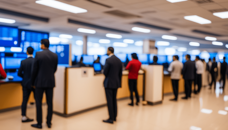 An image showcasing a vibrant, bustling Indian passport office where individuals eagerly await their turn, while a state-of-the-art tracking system displays real-time updates of passport locations on large digital screens
